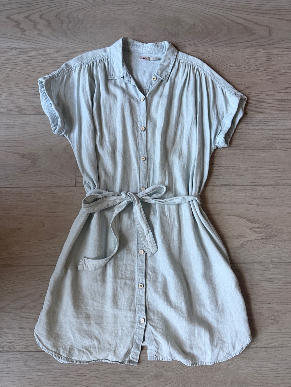 Faherty Light Blue Button-Front Midi Shirt Dress with Tie Waist